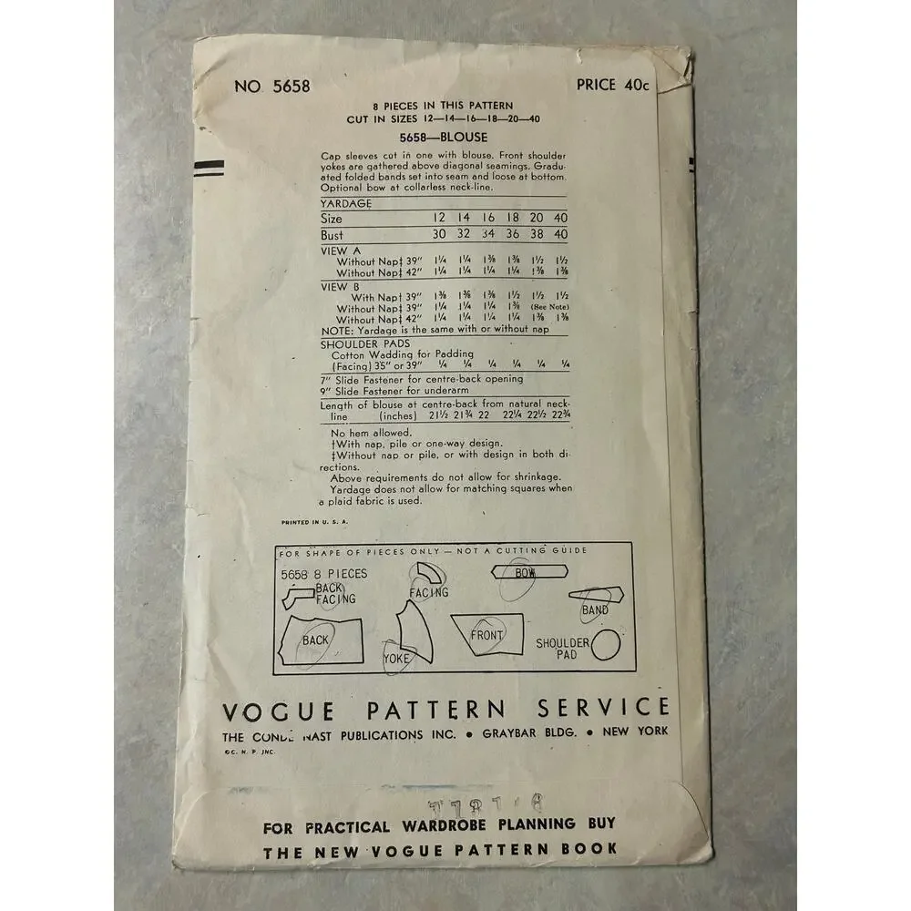 Vintage 1940's Vogue Pattern #5658 Women's‎ Blouse Size 14
